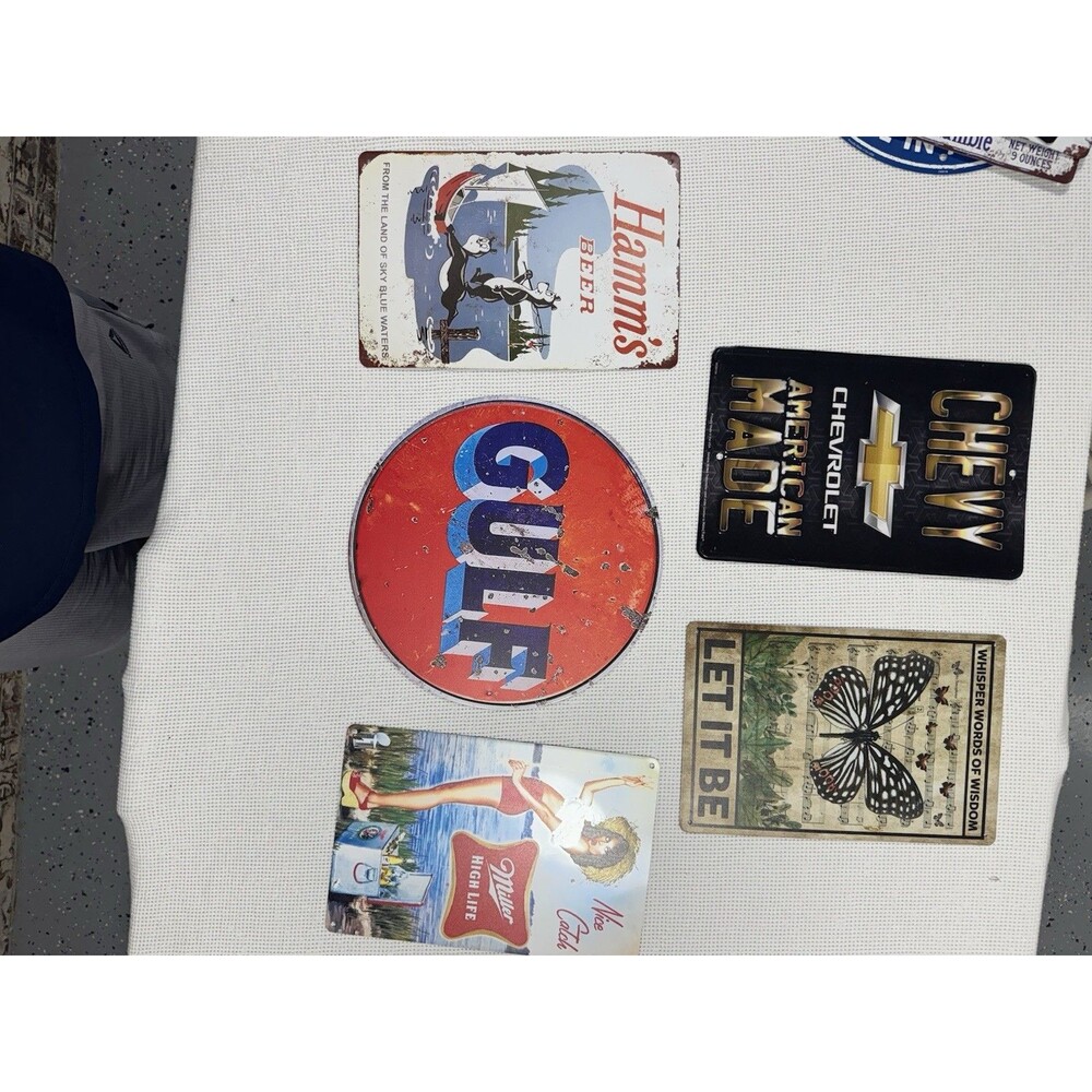 5 Wall art tin plaques Chevy, Gulf, Miller, Hamms, and a Beatles theme